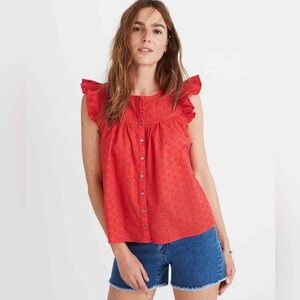 Madewell Eyelet Ruffle Sleeve Bib Top - Large